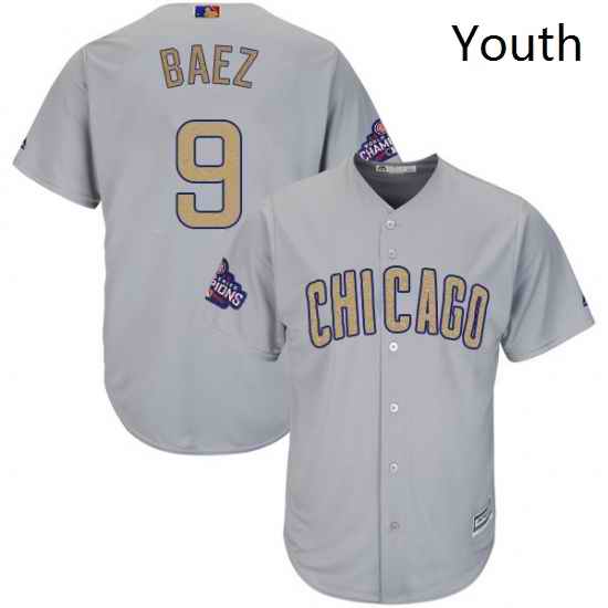 Youth Majestic Chicago Cubs 9 Javier Baez Authentic Gray 2017 Gold Champion Cool Base MLB Jersey